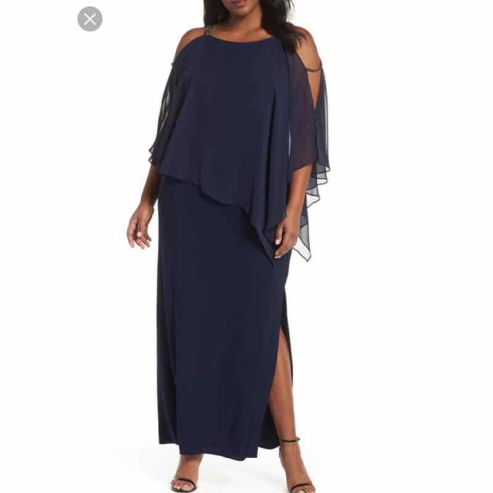 ESCAPE Chiffon Overlay Split Sleeve Gown Navy Blue